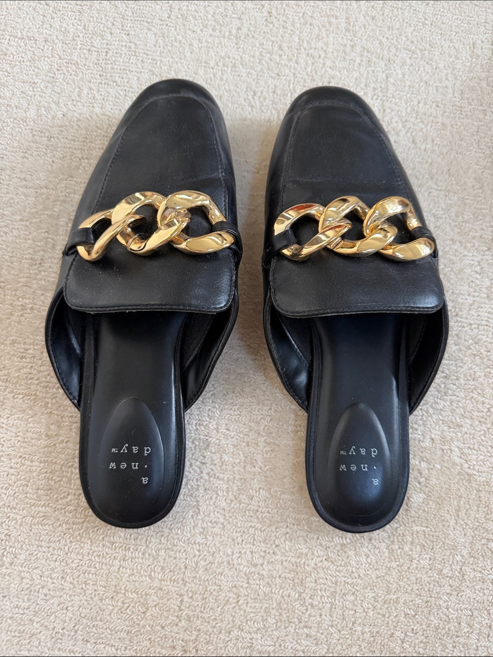 a new day Black Leather Slip-On Mules with Gold Chain Accent